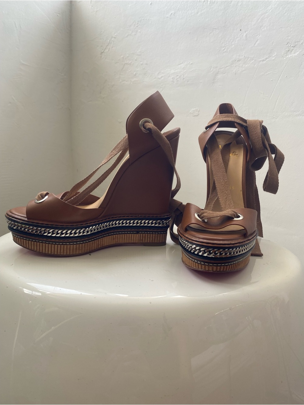 Christian Louboutin Brown Leather Platform Sandals with Chain Trim - Picture 3 of 7